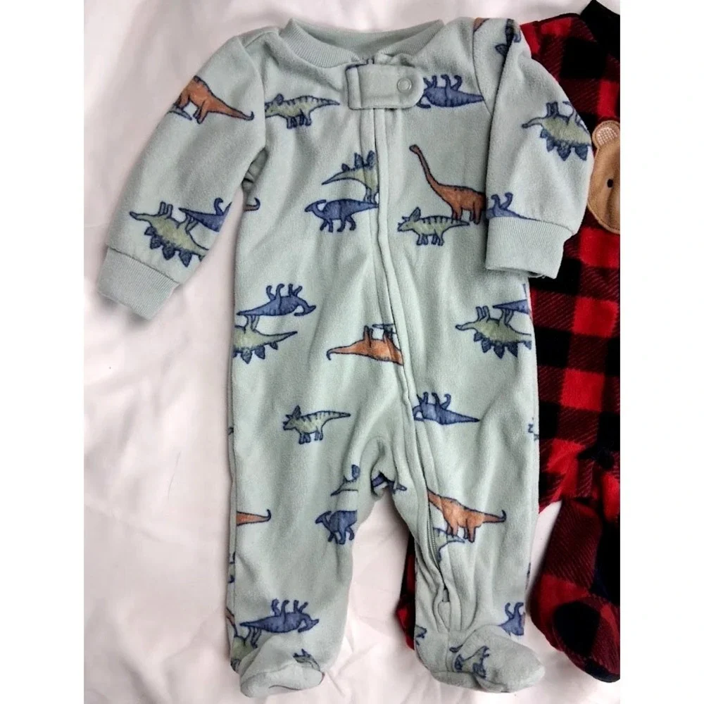 Carter's‎ Fleece Baby Boy Newborn Footed Sleeper Lot 3pc Red Plaid Bear Dinosaur